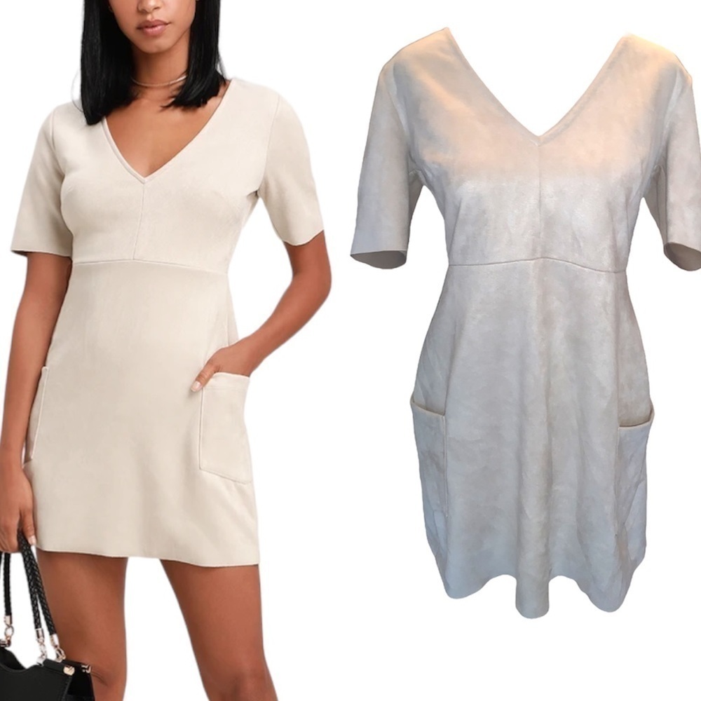 Lulus Size Small Elevate You Beige Suede Short Sleeve Mini Dress with Pockets